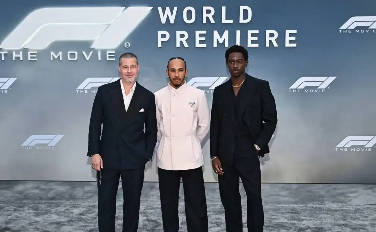 Brad Pitt, Lewis Hamilton, and Damson Idris at the F1 movie premiere in New York City.