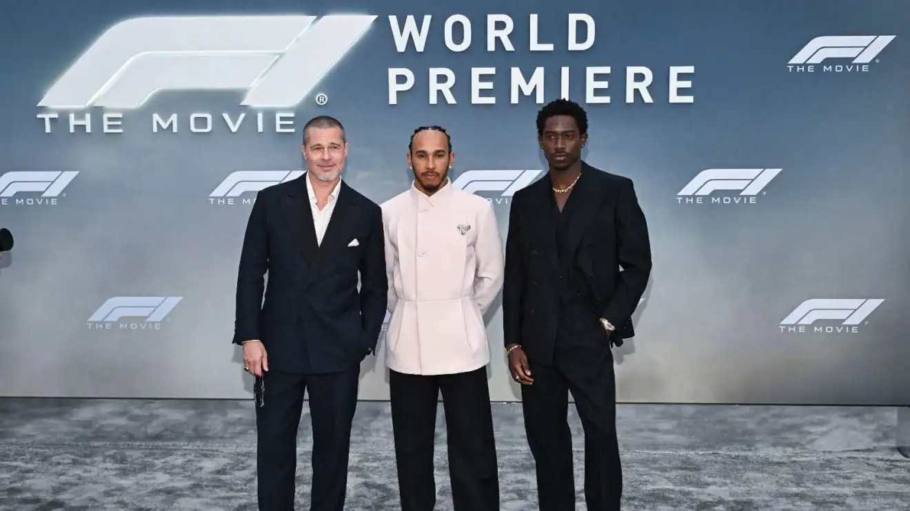 Brad Pitt, Lewis Hamilton, and Damson Idris at the F1 movie premiere in New York City.